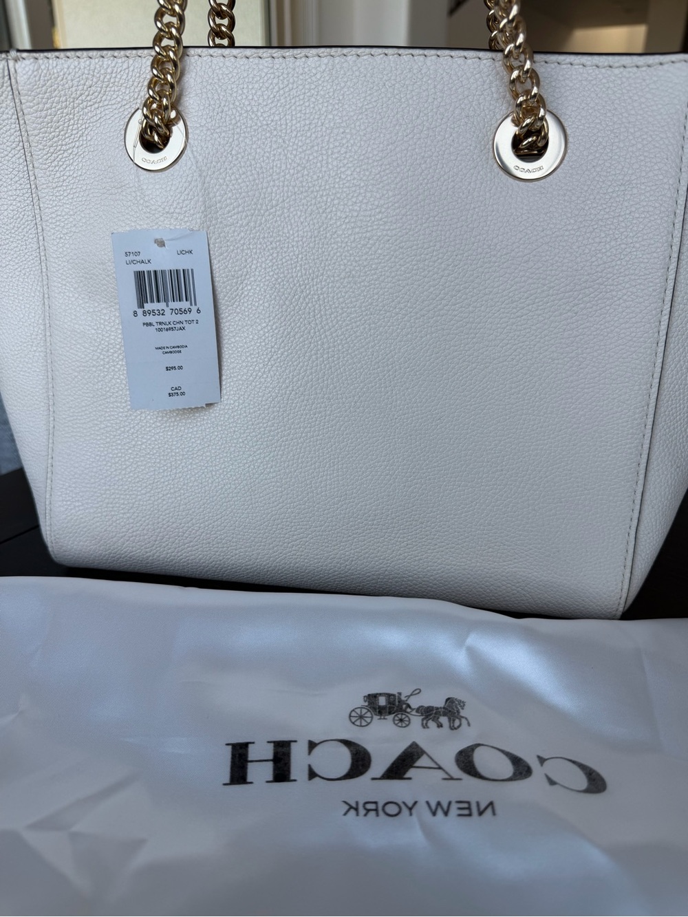 Coach White Pebble Leather Tote with Gold Chain Handles - Picture 3 of 11